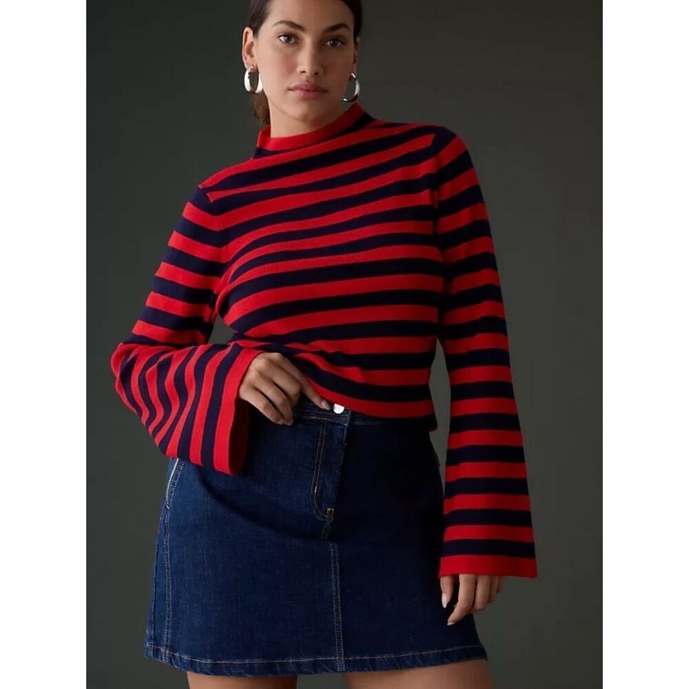 Anthropologie Maeve The Arlowe Bell-sleeve Sweater Striped Red & Navy Mock Neck